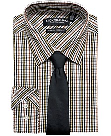 Men's Stretch Plaid Dress Shirt & Tonal Chevron Tie Set