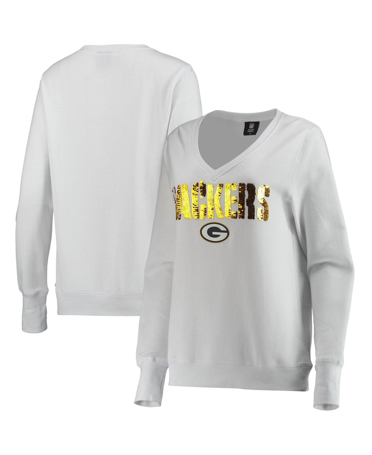 Women's Cuce White Green Bay Packers Victory V-Neck Pullover Sweatshirt - White