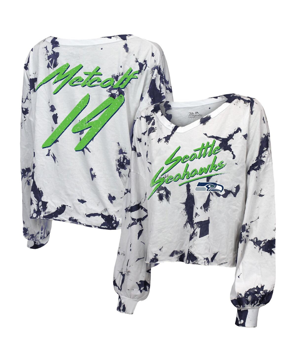 Majestic Threads Dk Metcalf White Seattle Seahawks Off-shoulder Tie-dye Name & Number Long Sleeve V- In White
