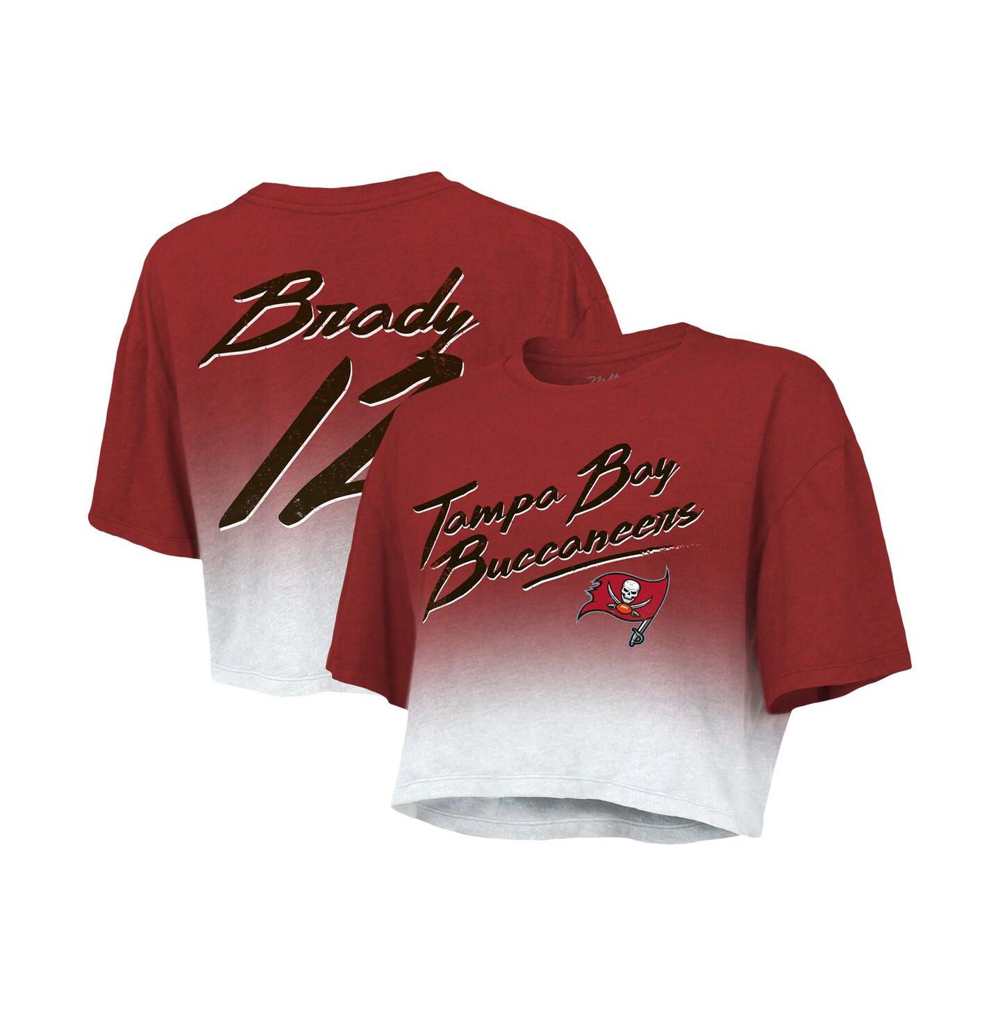 Женская футболка Majestic Threads Tom Brady Red, White Tampa Bay Buccaneers Drip-Dye Player Name and Number Tri-Blend Crop — фото 1