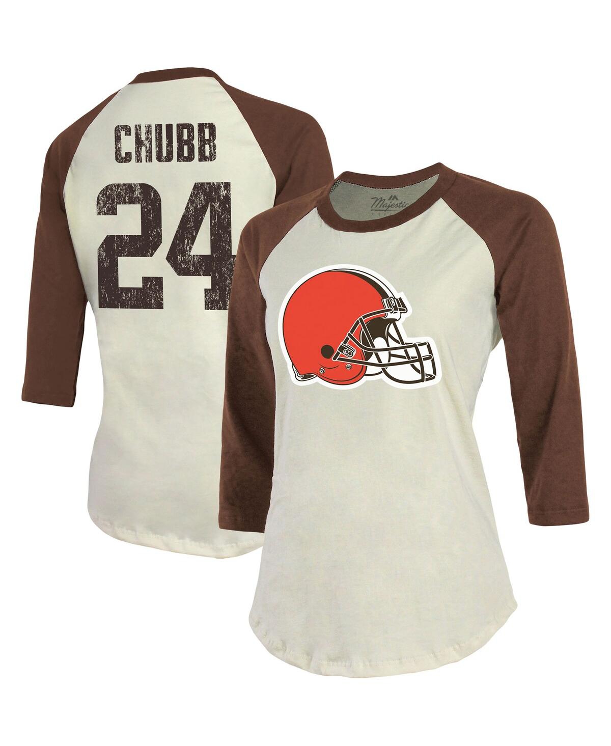 Shop Majestic Women's  Threads Nick Chubb Cream, Brown Cleveland Browns Player Name And Number Raglan 3/4- In Cream,brown