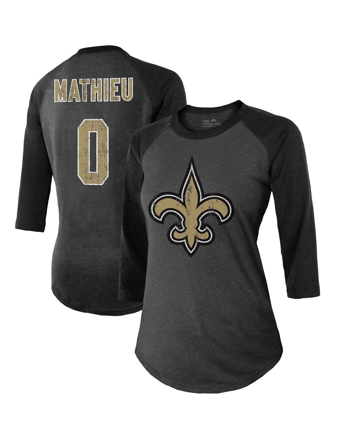 Majestic Women's  Threads Tyrann Mathieu Black New Orleans Saints Name & Number Raglan 3/4 Sleeve T-s In Black
