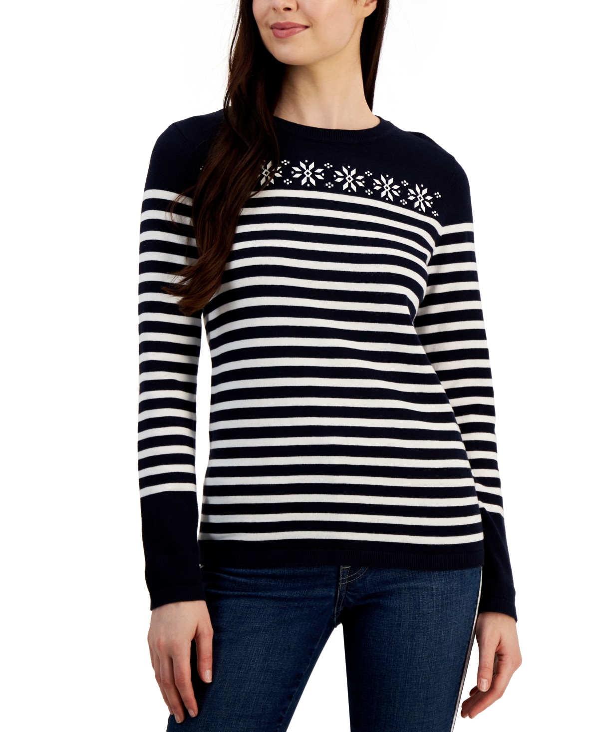 Tommy Hilfiger Women's Striped Printed Cotton Snowflake Sweater