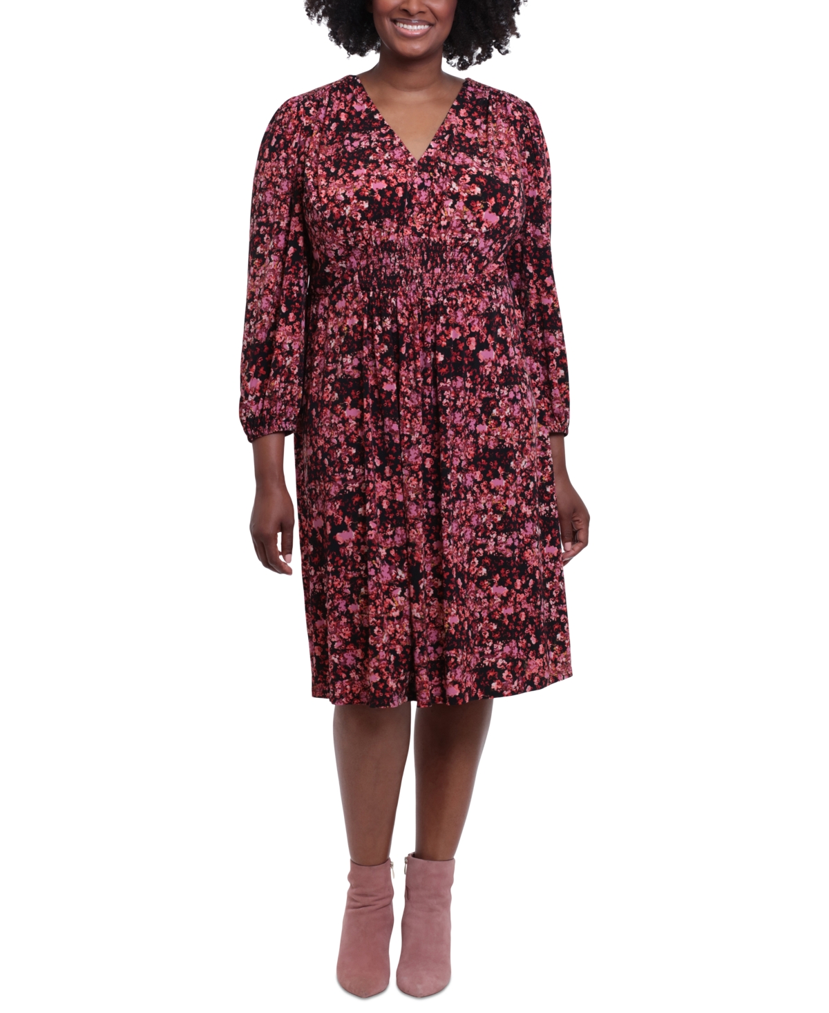 London Times Plus Size Printed Smocked-Waist Dress