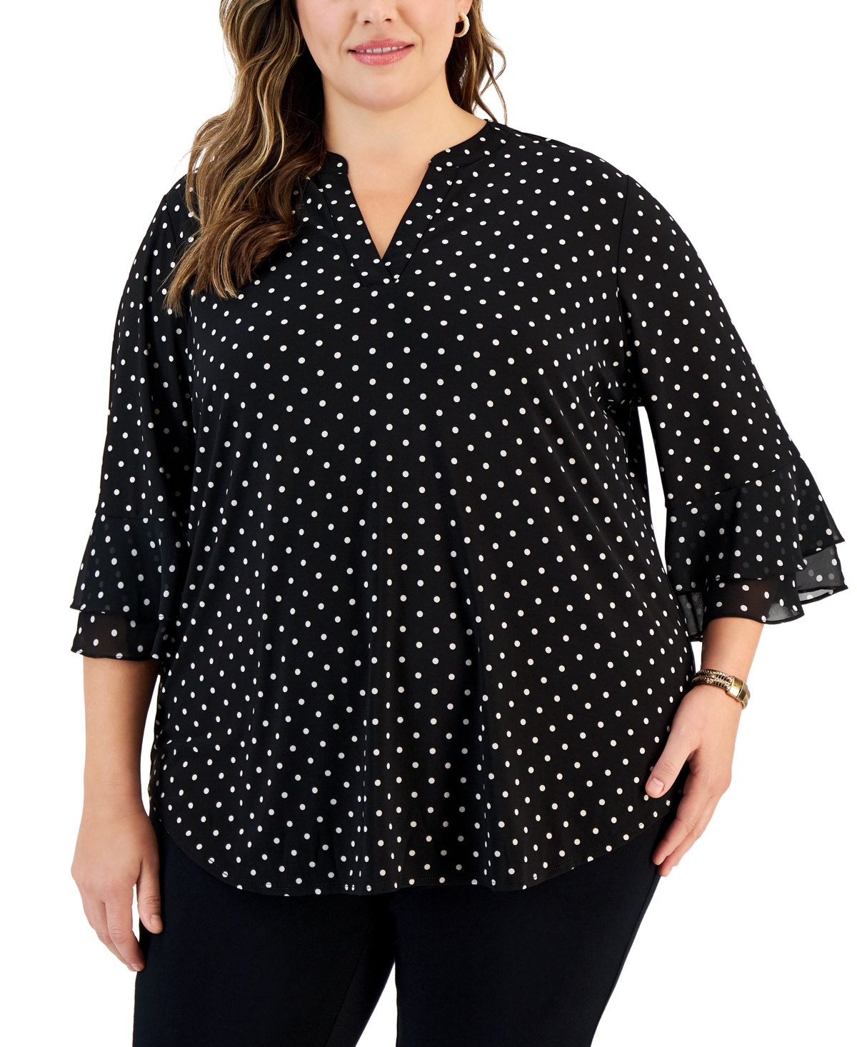 Shop Kasper Plus Size Dot-print Flutter-sleeve Blouse In Black,vanilla Ice