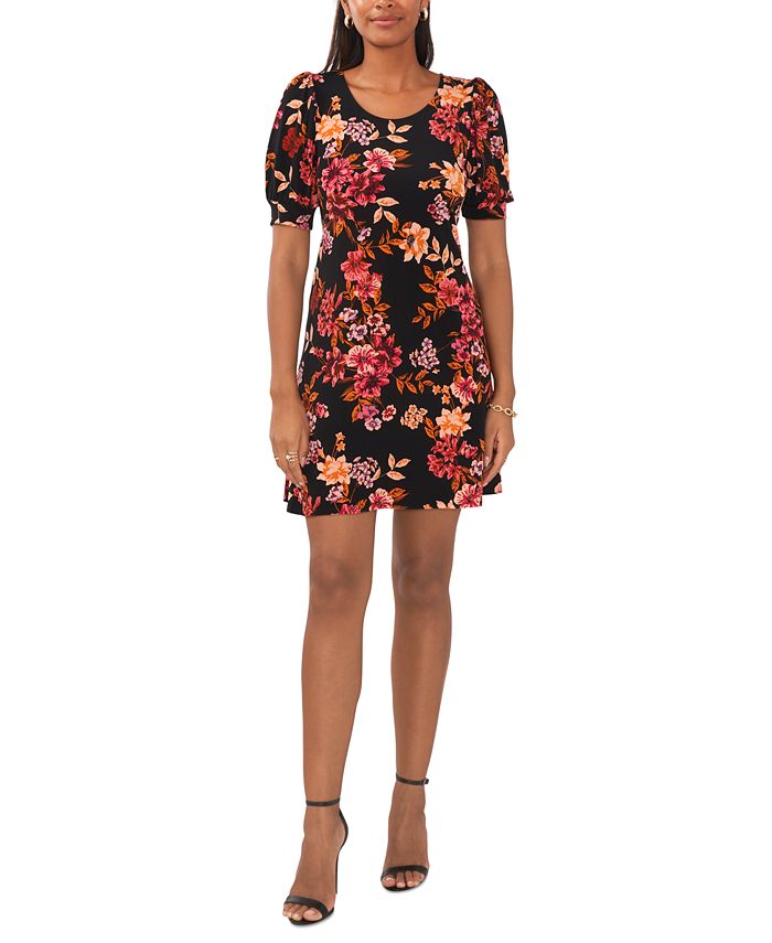 Floral Striped Print Piping Puff Sleeve Dress