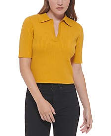 Women's Ribbed Knit Cotton Polo Top
