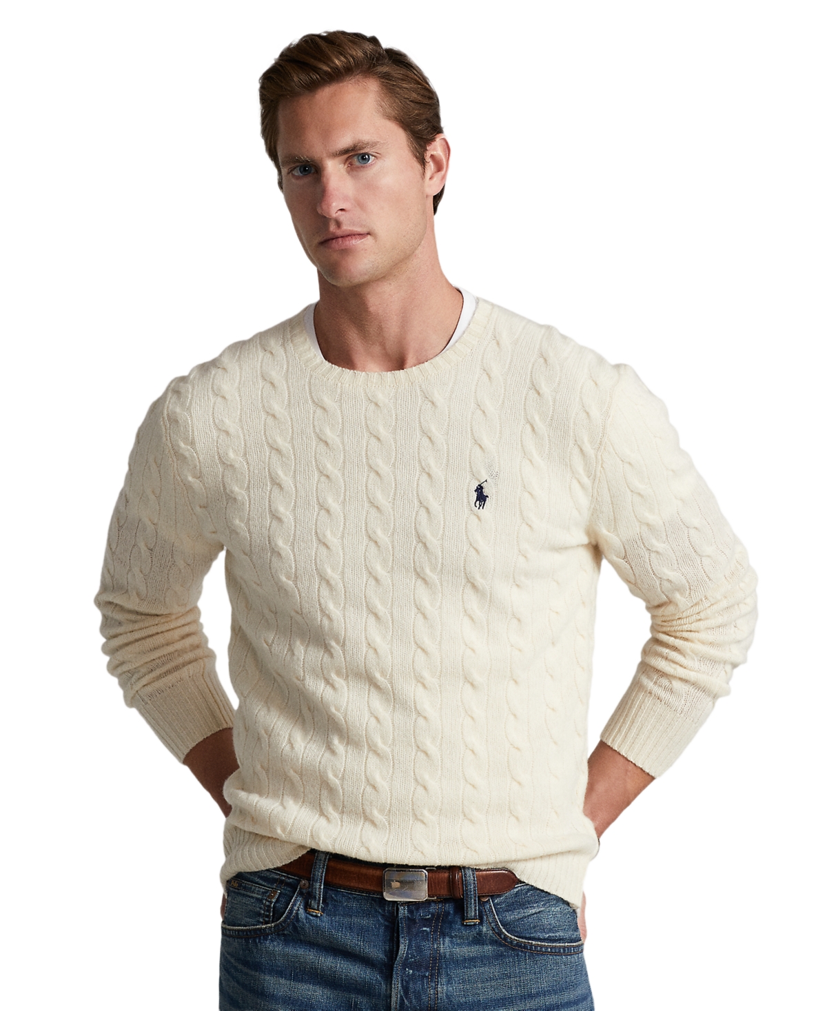 Polo Ralph Lauren White Cable-knit Crewneck Sweater With Front Contrasting Logo Embroidery In Wool And Cashmere In Andover Cream