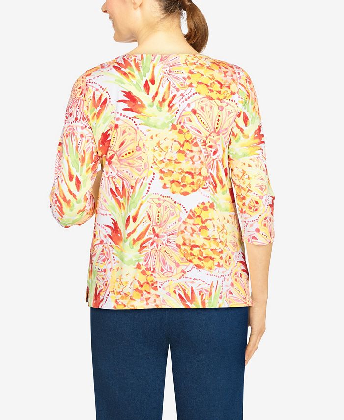 Alfred Dunner Tropical Leaf Border Print Split Neck Top- Petite main image 1