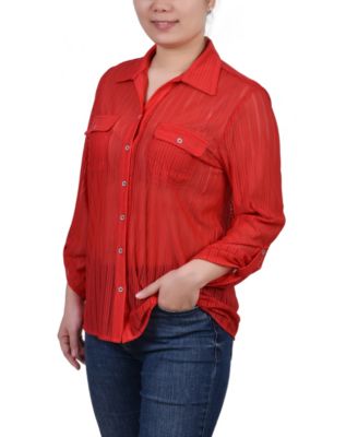 Petite Long Roll Tab Sleeve Burnout Knit Top