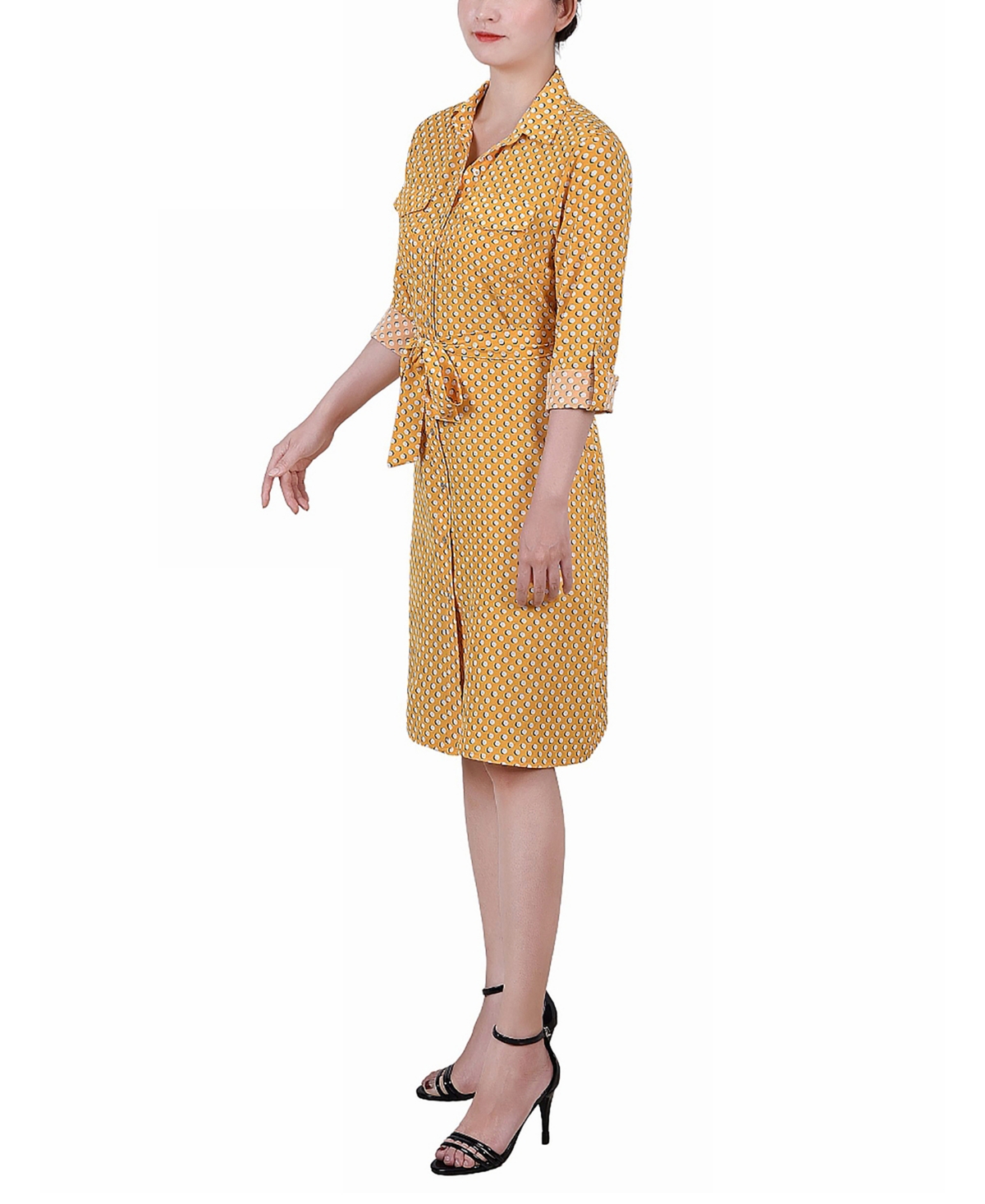 Ny Collection Petite Printed Long Sleeve Roll Tab Shirtdress