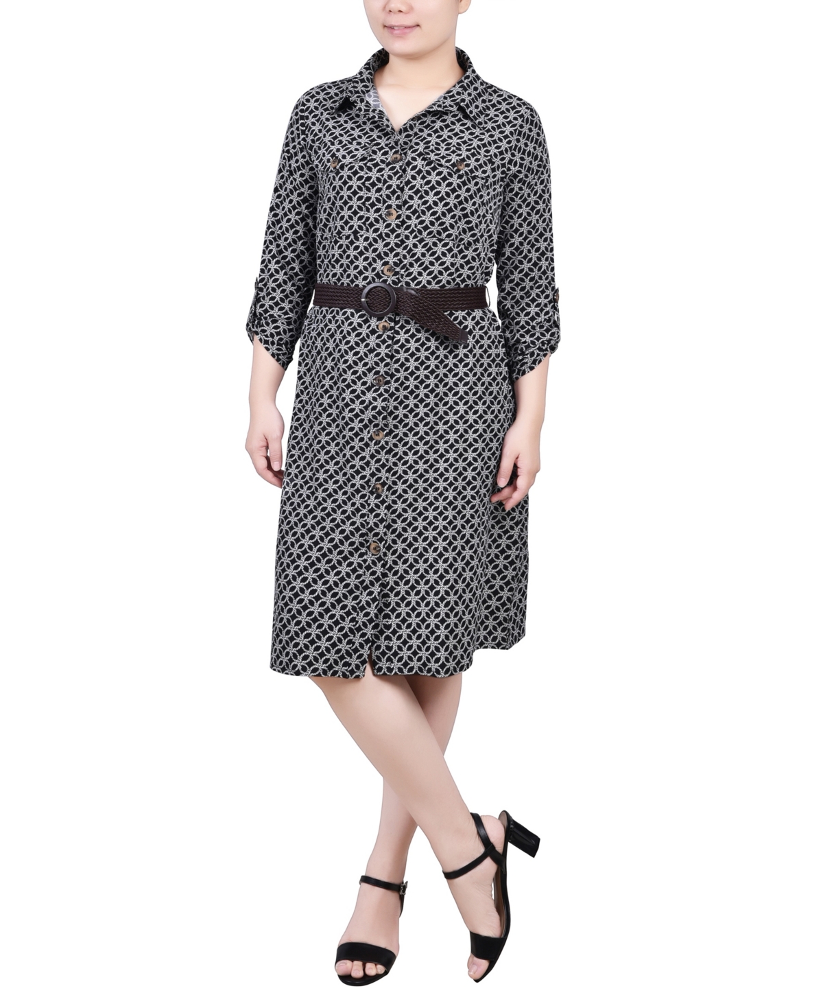 Petite 3/4 Roll Tab Sleeve Shirtdress - Ivory Navy Sun Multi Stripe