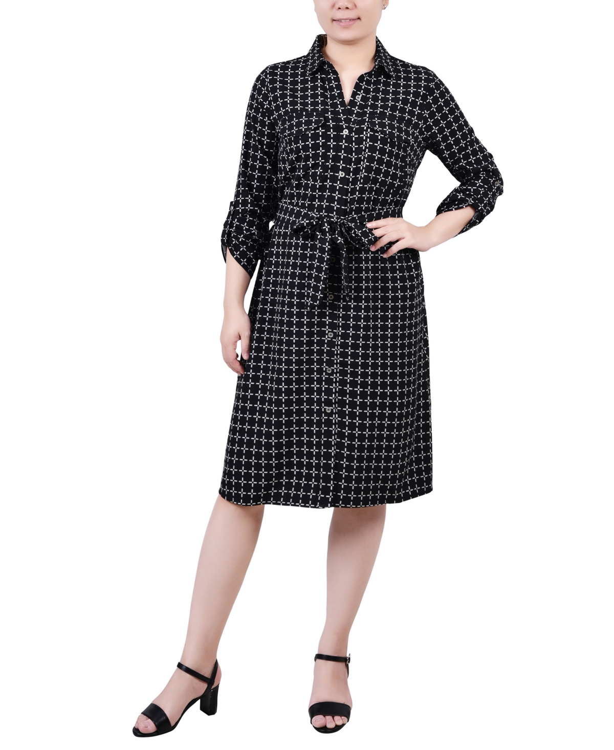 Ny Collection Petite Belted Roll Tab Zip Front Shirtdress In Black,white Line Box