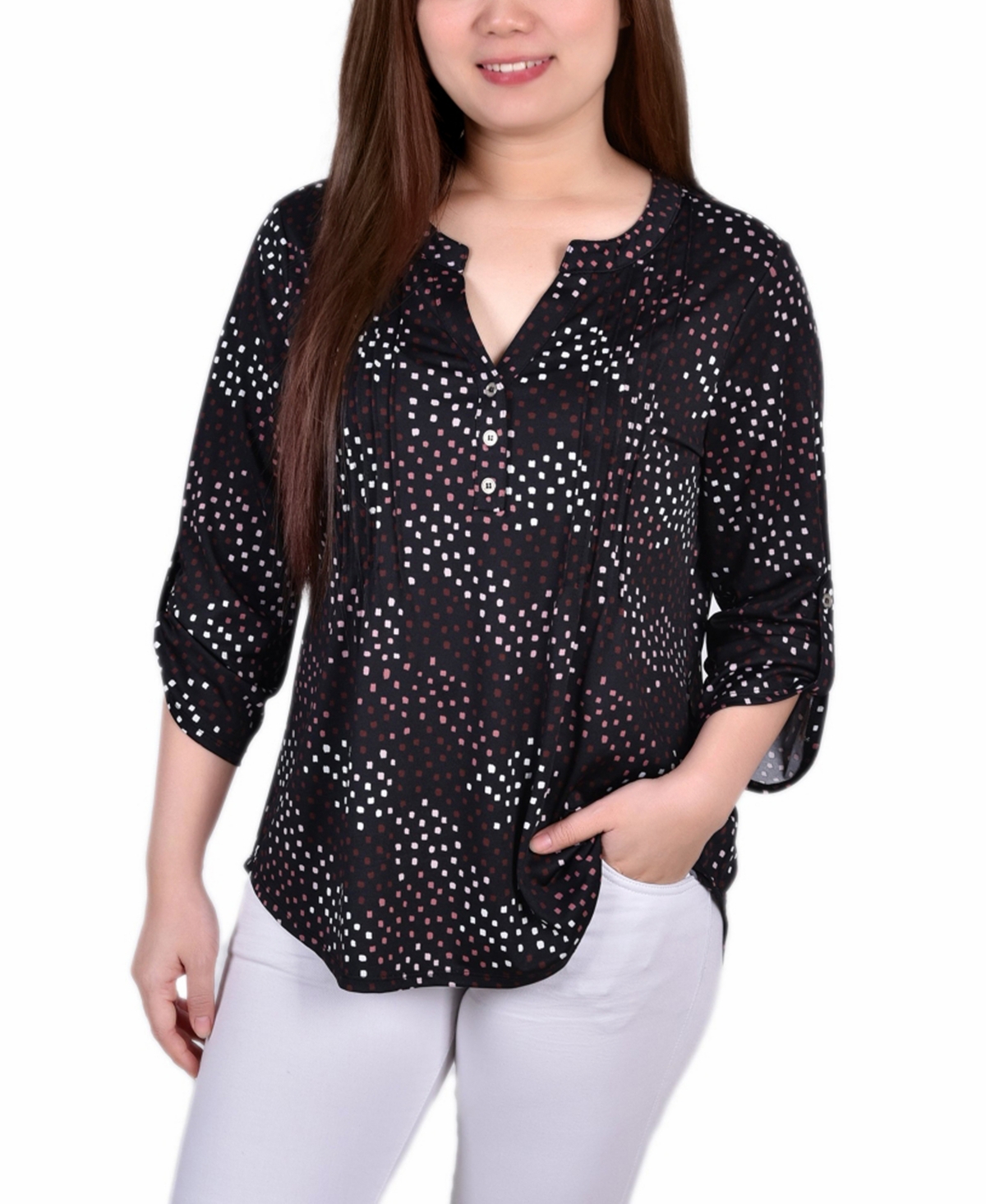 Ny Collection Petite 3/4 Roll Tab Sleeve Y-neck Top