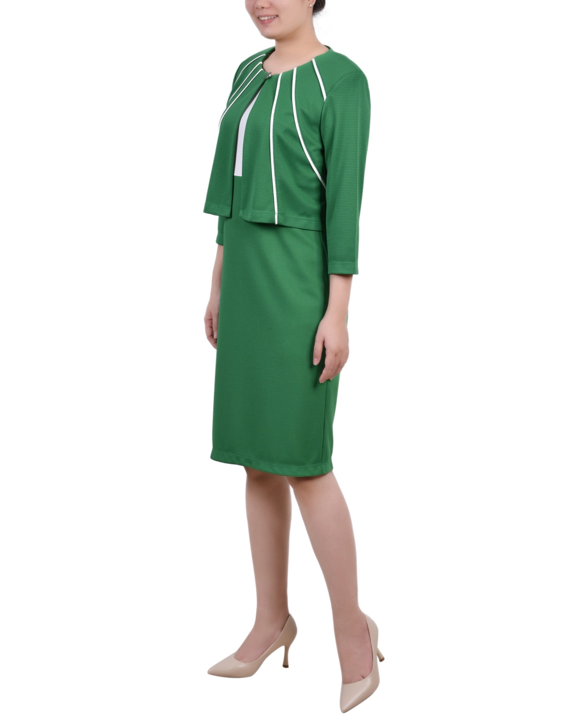 Ny Collection Petite Two Piece Jacket And Dress Set In Emerald