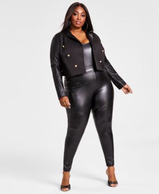Nina Parker - Plus Size Pleather Double-Breasted Cropped Blazer
