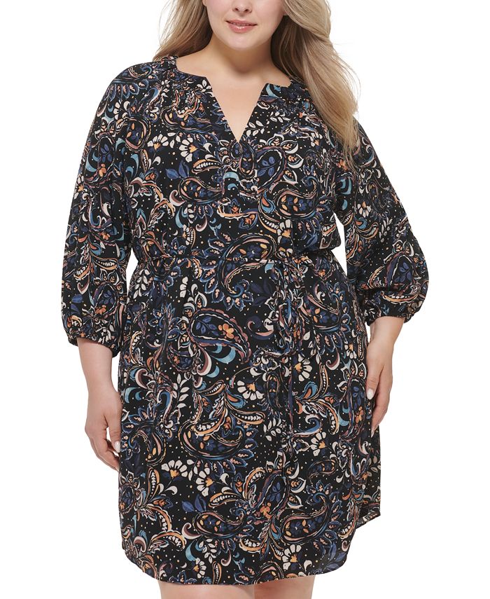 Vince Camuto Plus Size Printed 3/4-Sleeve Belted Dress - Macy's