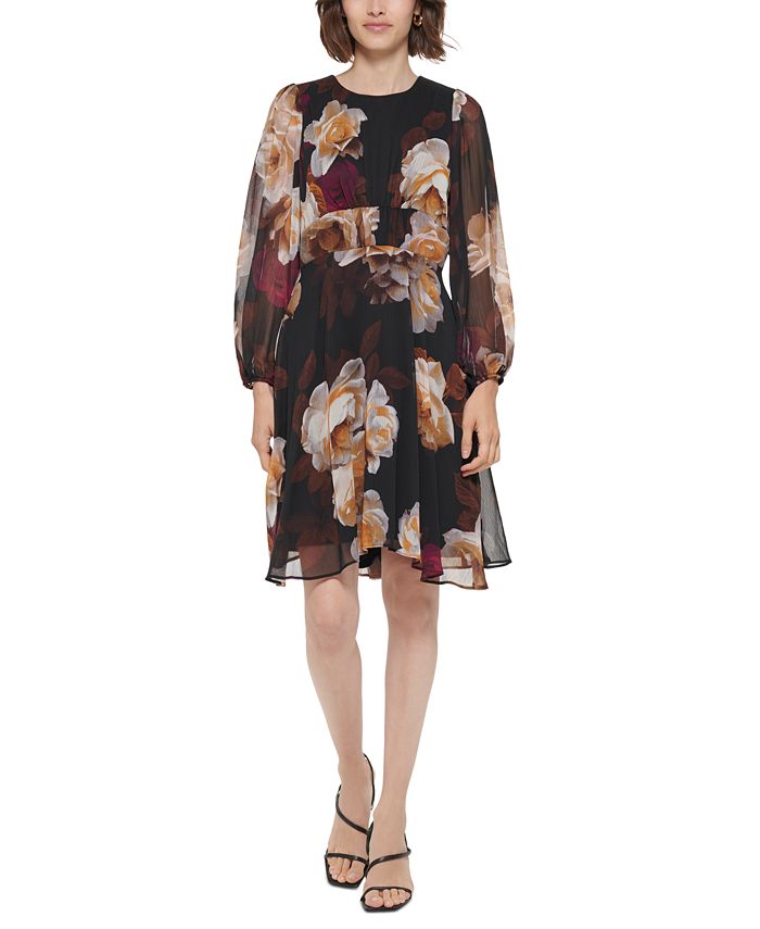 Calvin Klein Women's Floral-Print Short-Sleeve Ruffle-Hem Dress - Macy's