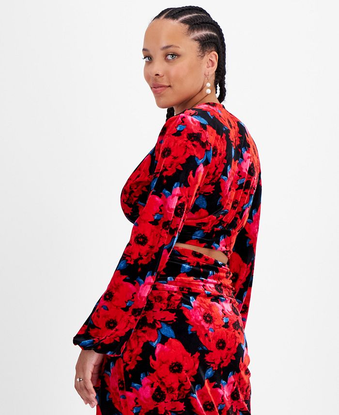 Bar III Women's FloralPrint Cropped Velvet Top, Created for Macy's