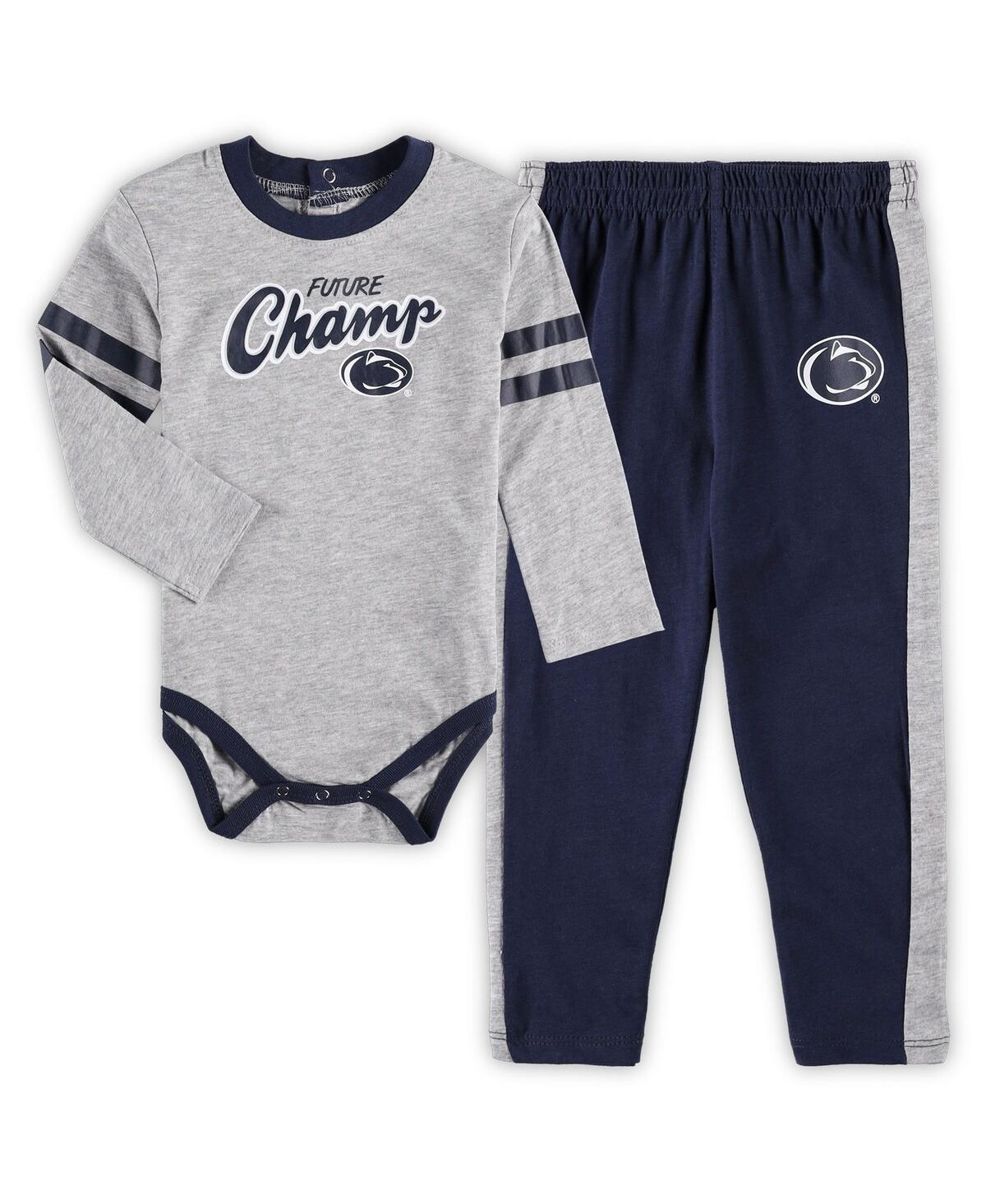 OUTERSTUFF INFANT BOYS AND GIRLS HEATHERED GRAY, NAVY PENN STATE NITTANY LIONS LITTLE KICKER LONG SLEEVE BODYSU