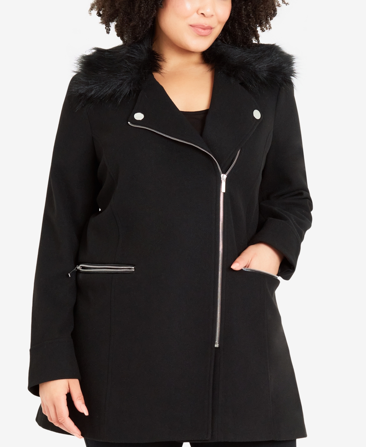 Plus Size Faux Fur Collar Coat - Black