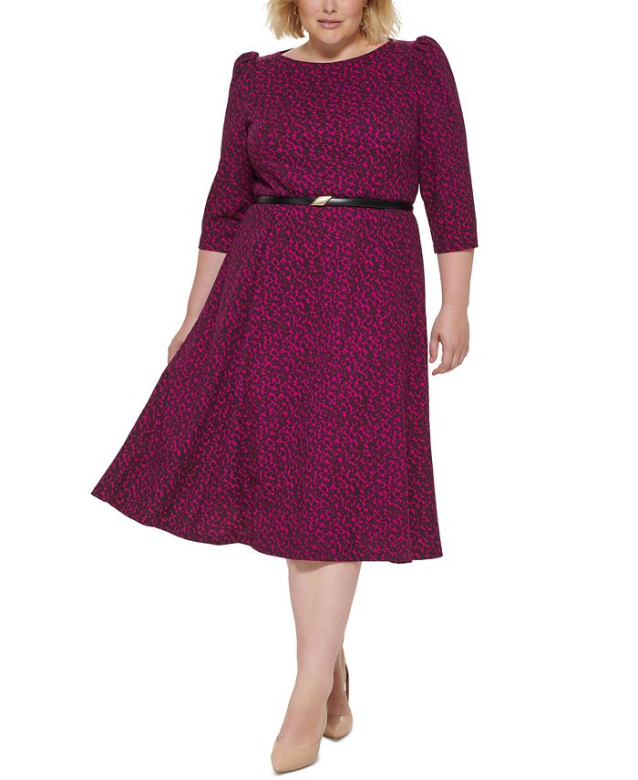 Calvin Klein Plus Size 3/4-Sleeve Belted Midi Dress - Macy's