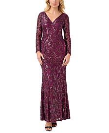 Petite V-Neck Long-Sleeve Sequin Gown