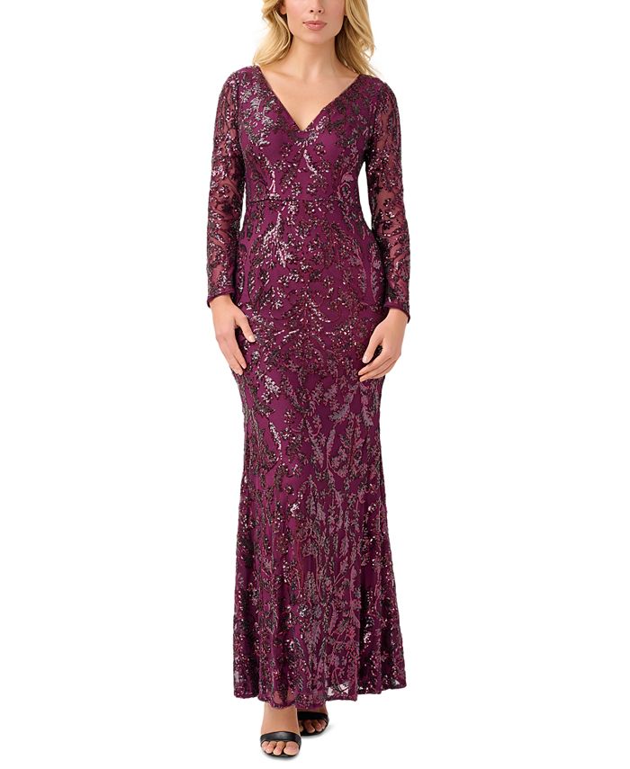 Adrianna Papell Petite V-Neck Long-Sleeve Sequin Gown - Macy's