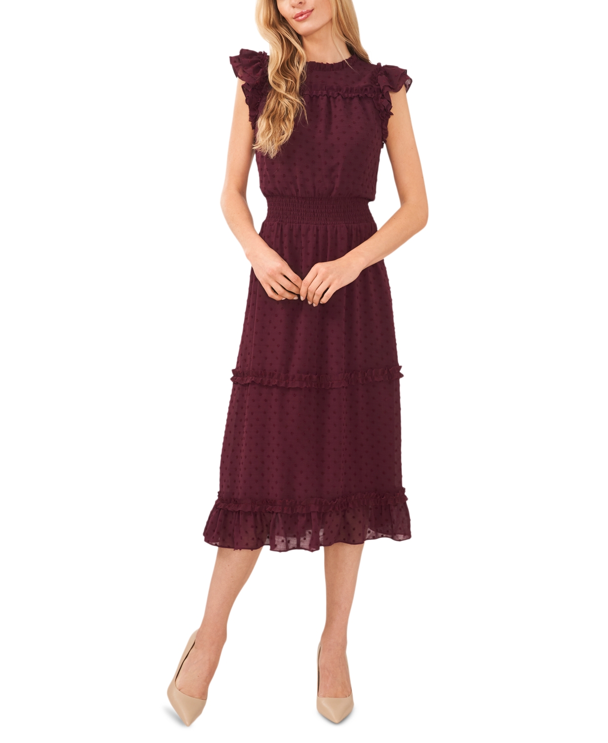 CeCe Women's Ruffled Flutter Sleeve Swiss Dot Midi Dress