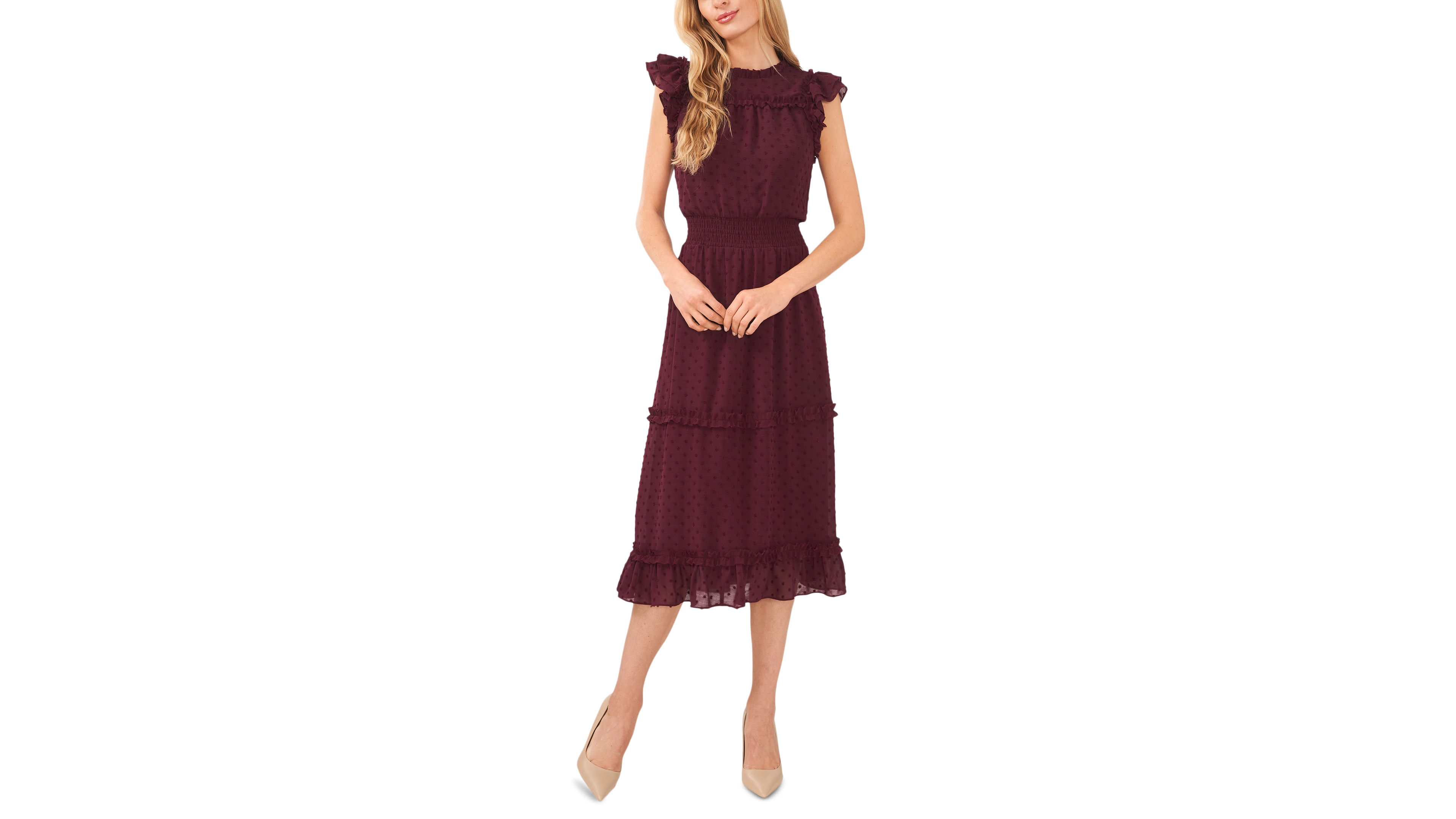 CeCe Women's Ruffled Flutter Sleeve Swiss Dot Midi Dress