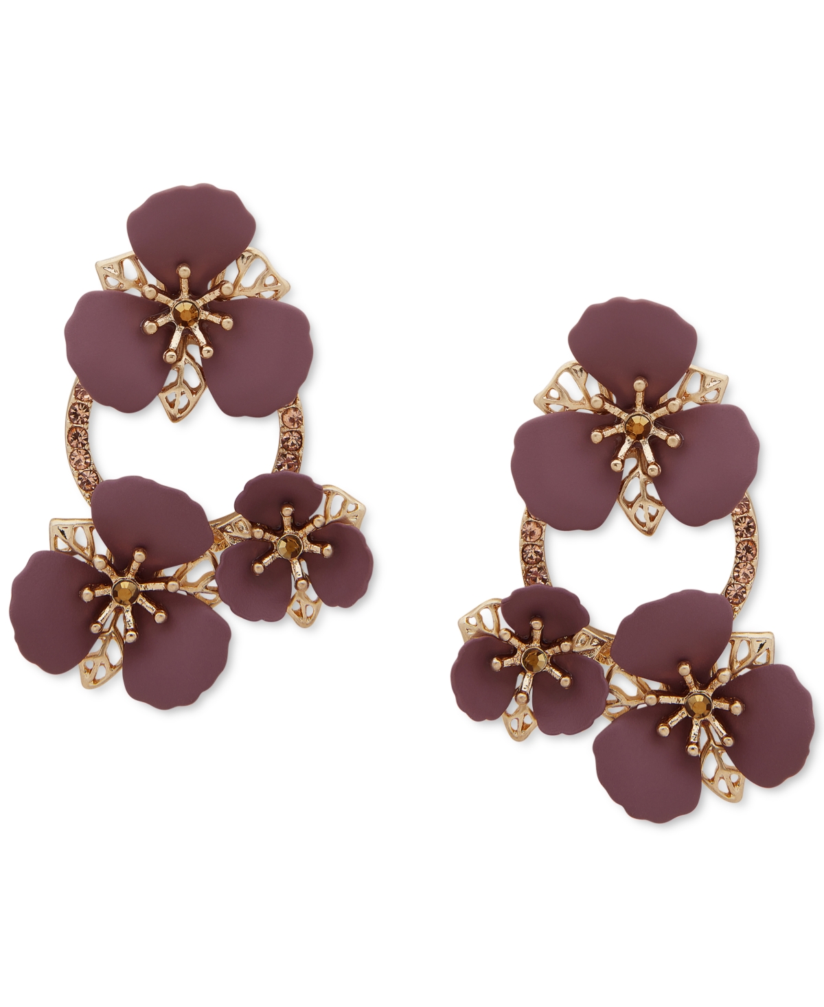 Lonna & Lilly Gold-tone Crystal & Color Triple Flower Drop Earrings In Wine