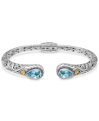 DEVATA - Blue Topaz Bali Filigree Hinge Cuff Bracelet in Sterling Silver and 18K Gold