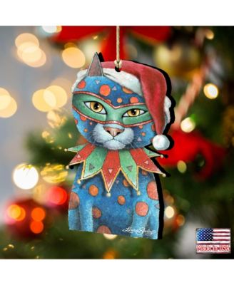 Mardi Gras Santa Cat Wooden Ornament by Laura Seeley Pets Decor Set of 2