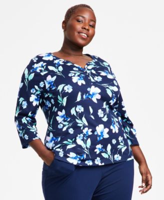 Karen Scott - Plus Size Patricia Floral Henley Top