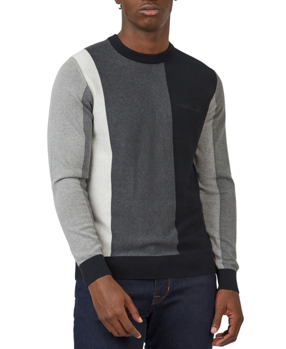 Men's Knitted Vertically-Striped Long-Sleeve Crewneck Sweater - Black