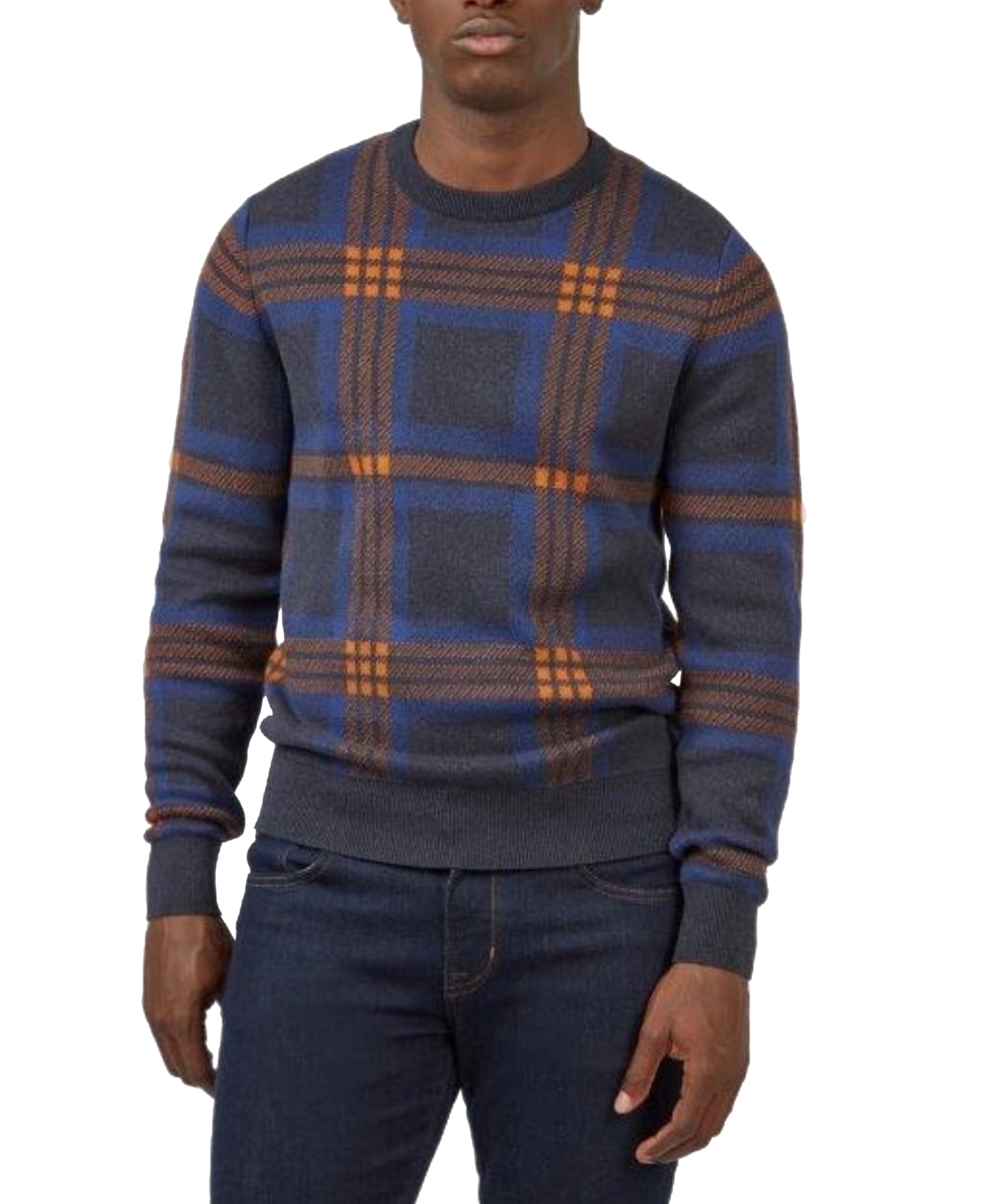 Men's Jacquard Check Pullover Crewneck Embroidered Sweater - Dark Navy