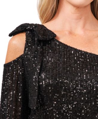 Women's Long Sleeve Sequin Bow Detail One-Shoulder Top