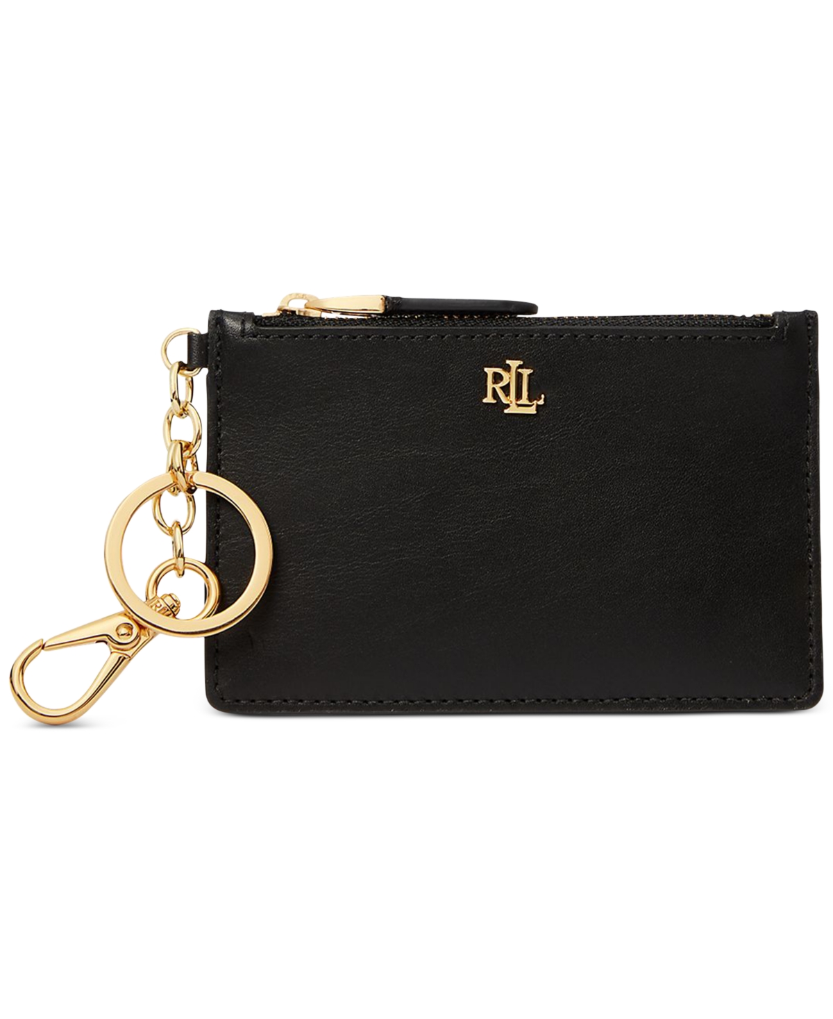 Shop Lauren Ralph Lauren Women's Full-grain Leather Key-ring Small Zip Card Case In Black