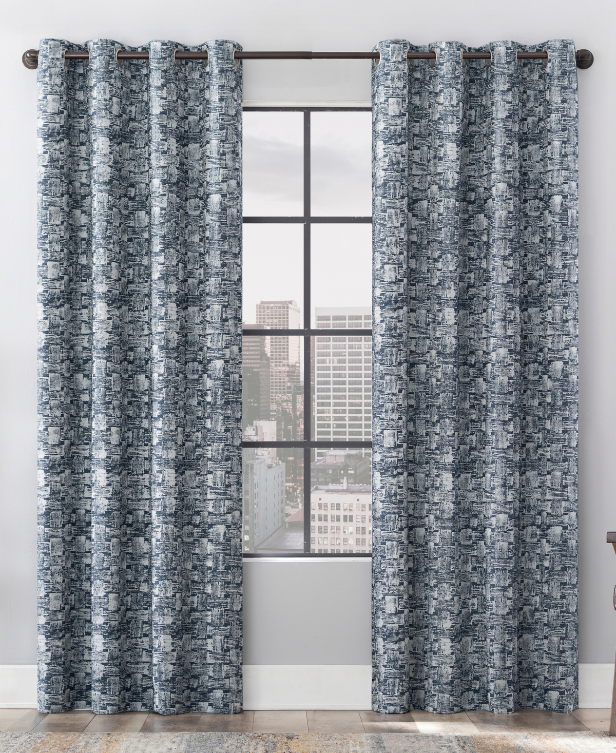 Scott Living Osaka Inverted Brushstrokes Cotton Blend 100% Blackout Grommet Curtain Panel, 50" X 96" In Blue