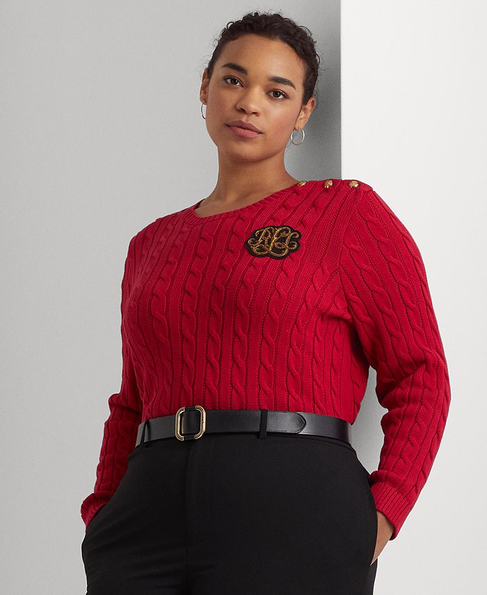 Lauren Ralph Lauren Plus-Size Button-Trim Cable-Knit Sweater - Macy's