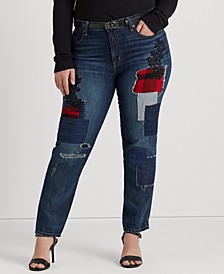 Plus Size Plaid Patchwork Tapered Jeans 