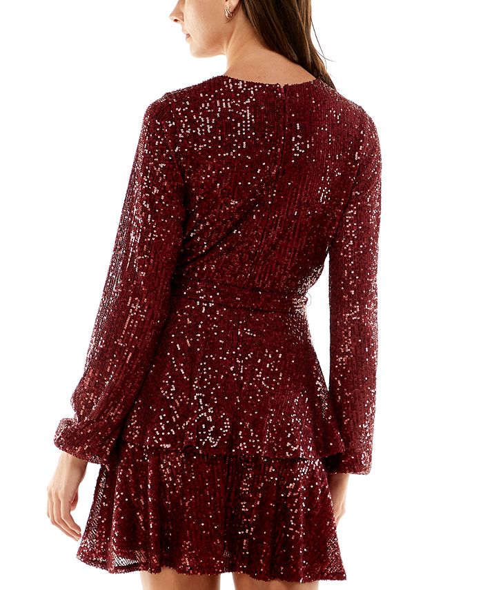 Moxidress V Neck Long Sleeves Tie Waist Sequin Romper