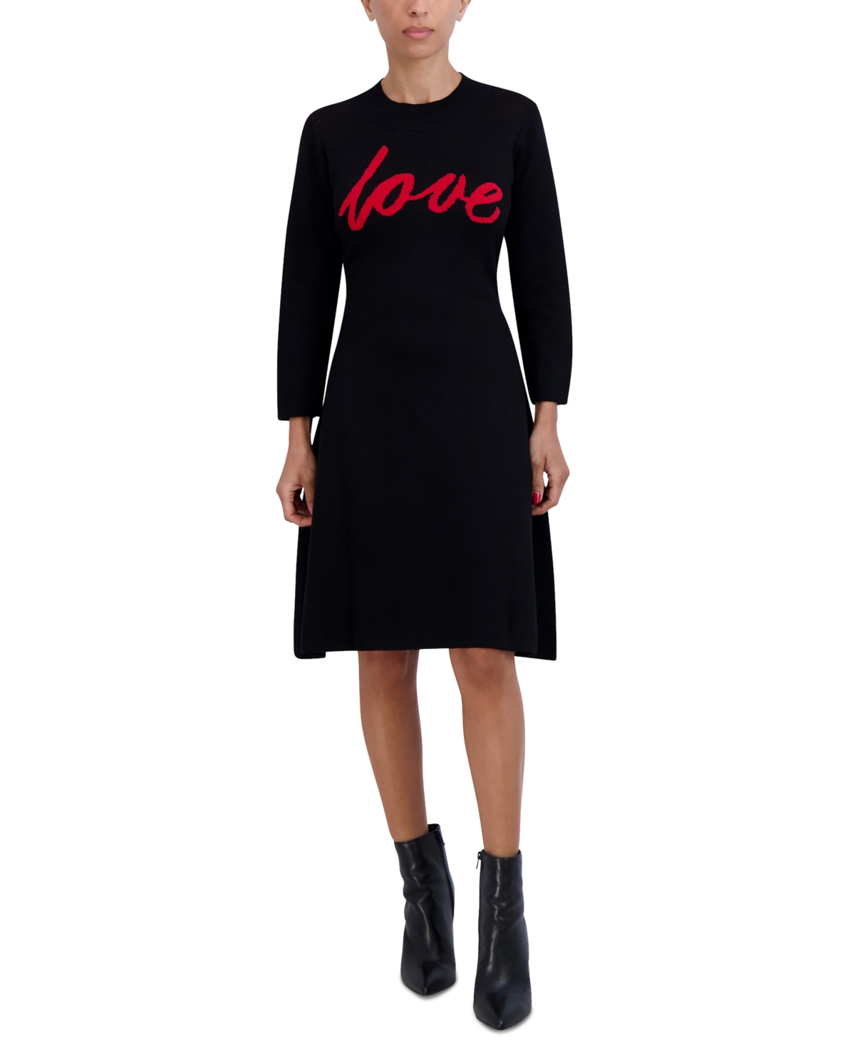 Petite Crewneck Long-Sleeve Love A-Line Dress - Black/Red