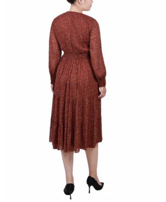 Women's Long-Sleeve Clip Dot Chiffon Dress with Smocked Waist and Cuffs Dress