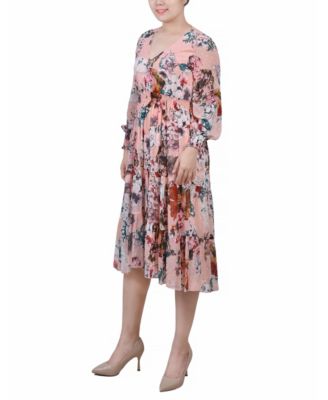 Women's Long-Sleeve Clip Dot Chiffon Dress with Smocked Waist and Cuffs Dress