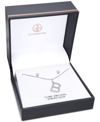 2-Pc. Set Cubic Zirconia Initial Pendant Necklace & Solitaire Stud Earrings in Sterling Silver