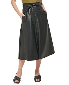 Women's Tie Waist Faux Leather Midi Skirt