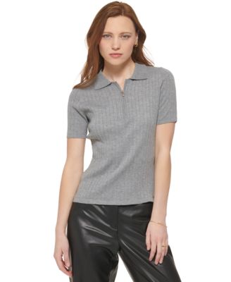 Calvin Klein Women's Short Sleeve Collared Zip Front Knit Top Macy's