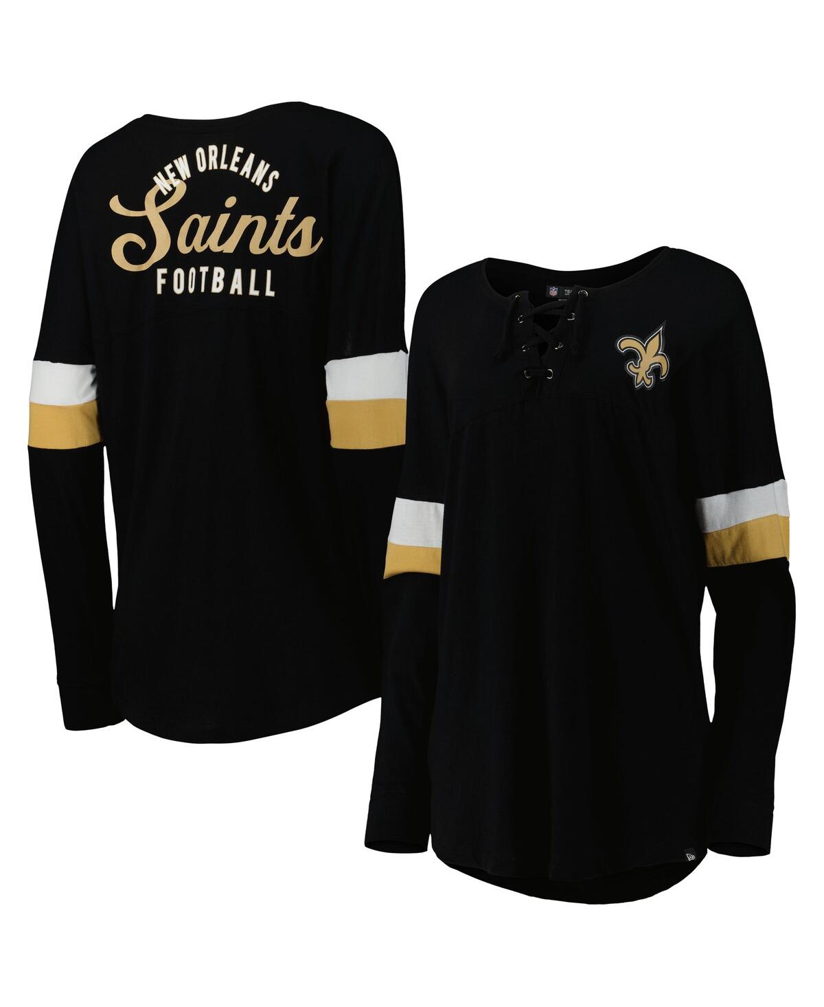 NEW ERA WOMEN'S NEW ERA BLACK NEW ORLEANS SAINTS ATHLETIC VARSITY LACE-UP LONG SLEEVE T-SHIRT 