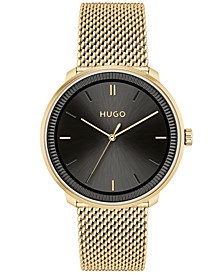 Unisex Fluid Interchangeable Strap in Black Genuine Leather Strap and Ionic Thin Gold-tone Steel Mesh Bracelet Watch, Set of 2 Pieces Strap, 40mm